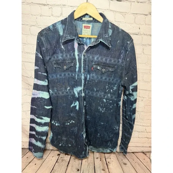 Levis Reworked Custom Tie Dye Denim Western Snap Shirt Bleach Wash XL Festival - Picture 1 of 12